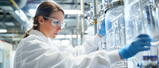Technician monitoring bioreactor vessels in a pharmaceutical lab, highlighting the biotech aspect of production
