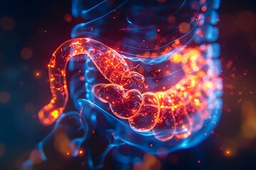 A bright, minimalistic setting featuring x-ray displaying a vibrant light blue holographic 3D brain, uses red-orange tones to indicate areas of inflammation or abnormality.