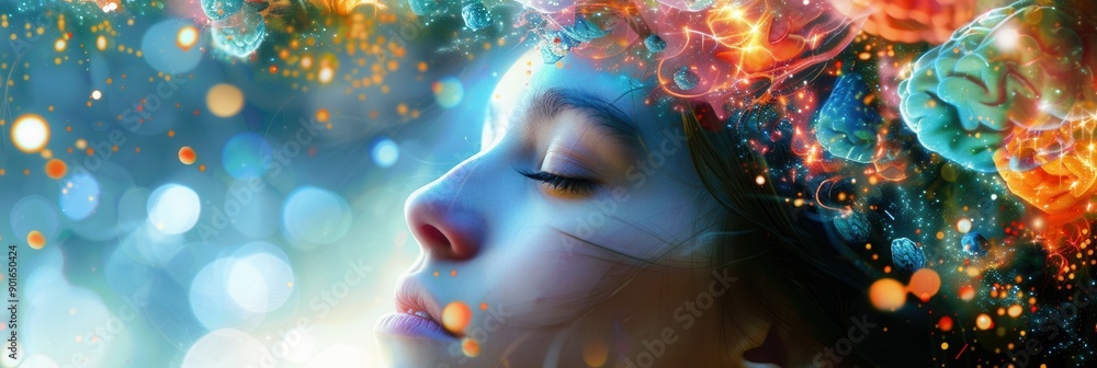 Poster A person appears deep in thought, surrounded by vibrant, colorful representations of creative ideas and abstract concepts, symbolizing the brainstorming process. Generative AI