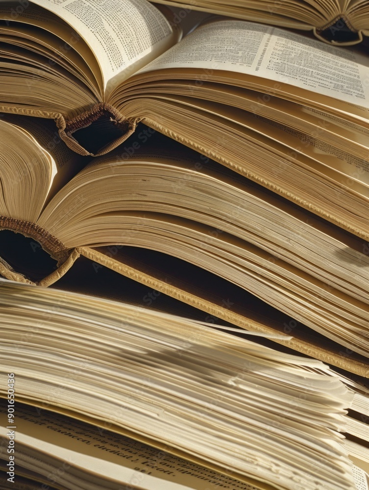 Poster a stack of old books with the top one open to the page with the word 