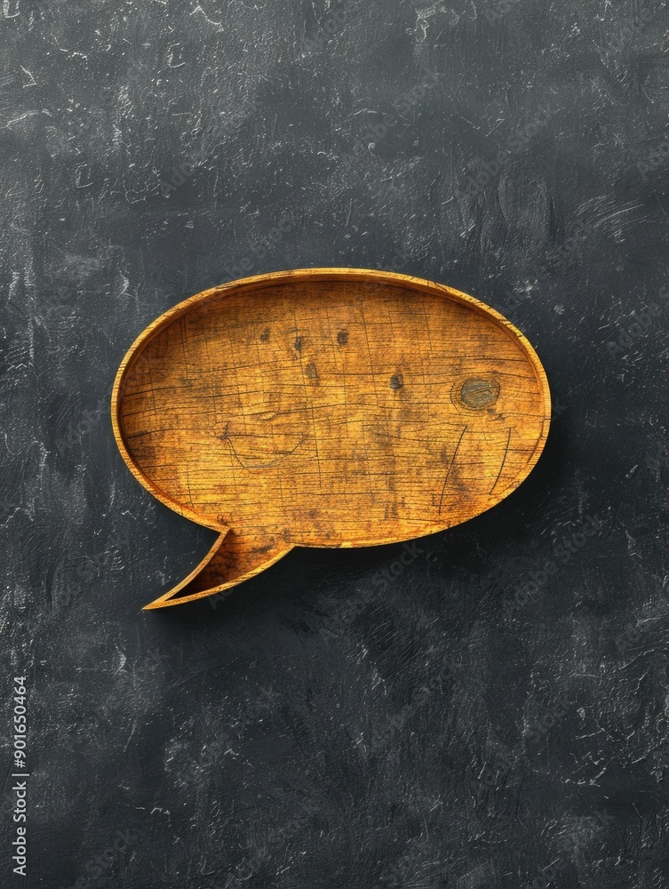 Poster a wooden box shaped like a speech bubble. the box is empty and has a wooden texture. the box is plac