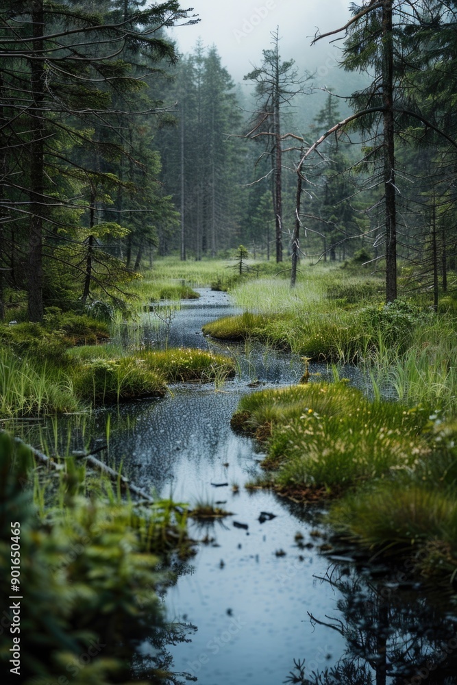 Poster a forest with a stream running through it. the water is calm and the trees are lush and green