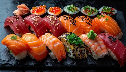 Assorted sushi nigiri on black slate, garnished, traditional Japanese setup, focused shot
