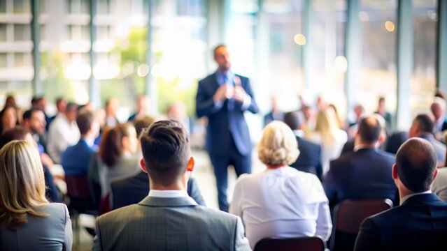 Speaker Focused at Business Event - A speaker giving a presentation with the audience and event space in the background blurred.
