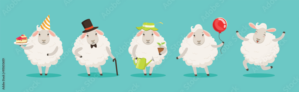 Aufkleber wooly white sheep character engaged in different activity vector set