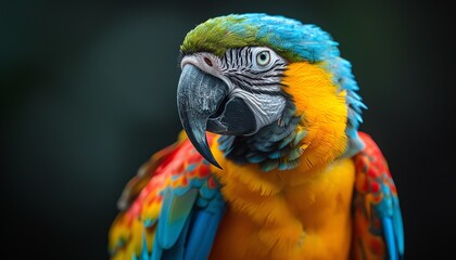 Closeup of a colorful parrot with vibrant feathers, dark background