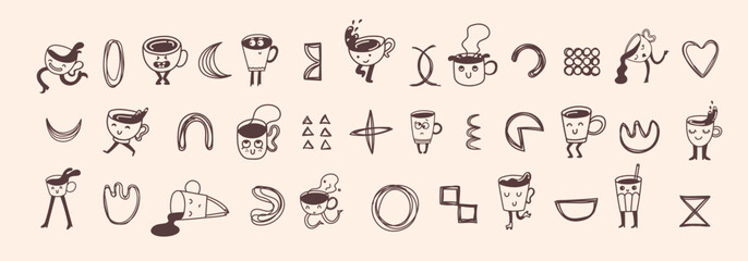 Set of retro doodle funny coffee characters and geometric shapes and doodles posters. Latte, cappuccino, coffee cup mascot. Nostalgia 70s, 80s. Print design for cafe