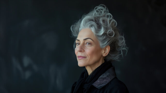Middle aged woman with intricate curly hairstyle posed elegantly against a dark background