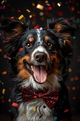 Happy dog wearing a bow tie with confetti falling