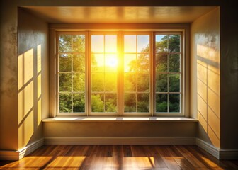 Warm natural light pours through the window, casting a gentle glow on the empty space, evoking a sense of calm and professionalism.