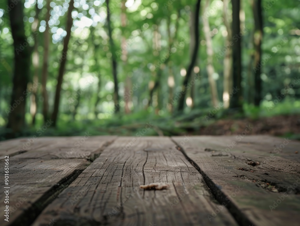 Poster a wooden table with a view of a forest. the table is empty and the forest is lush and green