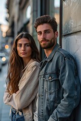 Fototapeta premium A man and a woman are standing next to each other, with the man wearing a blue jacket