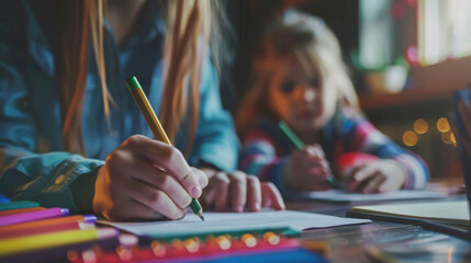 Parent assisting child with homework in cozy indoor setting during evening study session