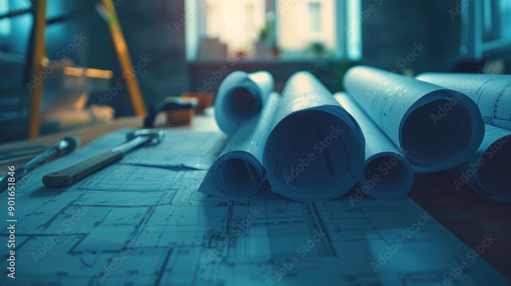 Poster a stack of blueprints on a table with a hammer and a tape measure. scene is focused and professional