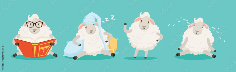 Aufkleber wooly white sheep character engaged in different activity vector set