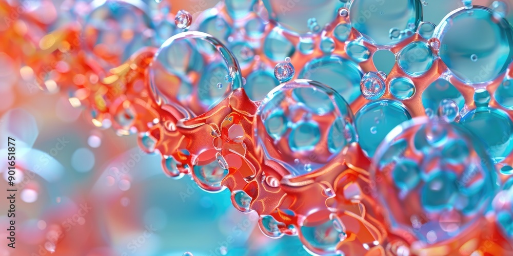 Poster the image is a close up of a colorful, abstract design made up of many small bubbles. the bubbles ar