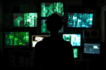 a man with screen display lines of code and malware