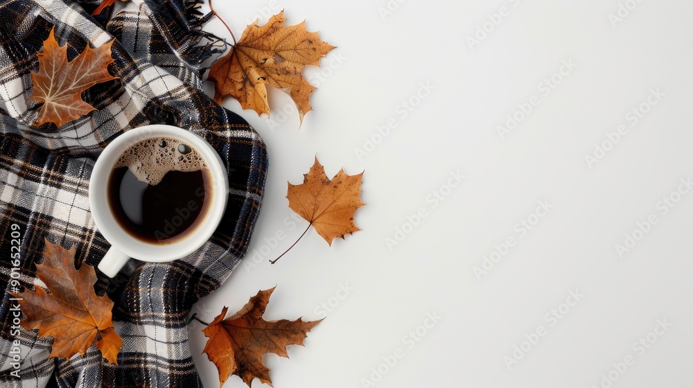 Canvas Prints Autumn theme coffee cup plaid dry leaves on white backdrop Seasonal concept Flat lay top view empty space