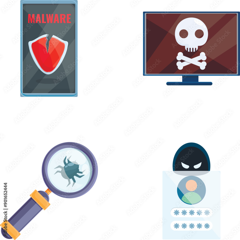 Poster cybercrime icons set cartoon vector. computer bug, mobile spam and cyber attack. internet security