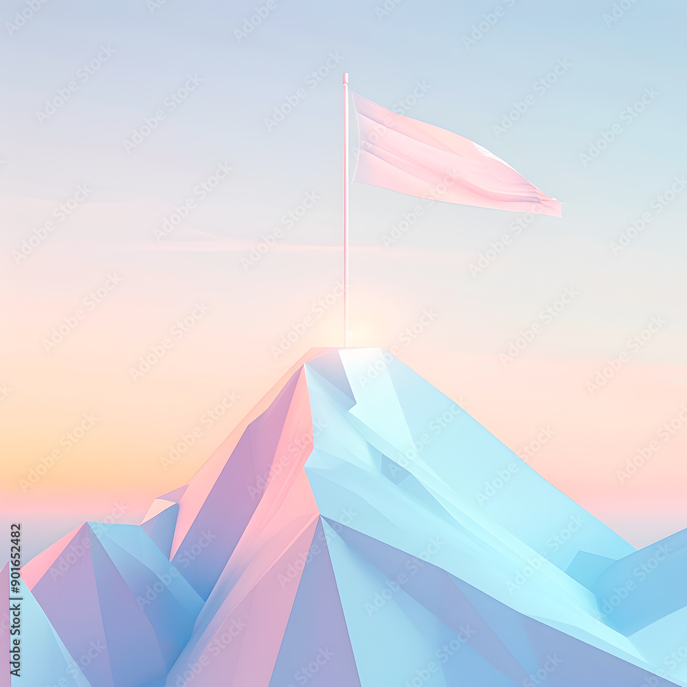 Poster a minimalist digital art landscape depicting a glowing flag on the peak of a geometric mountain surr