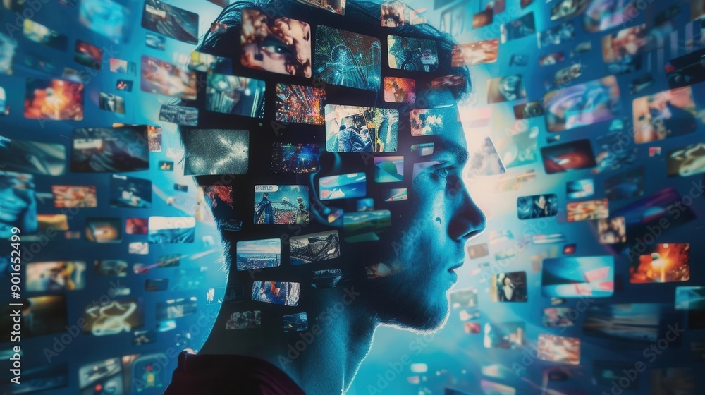 Aufkleber A person envisions an array of eclectic images, demonstrating the creative process of brainstorming and idea generation in a vivid, engaging way. Generative AI