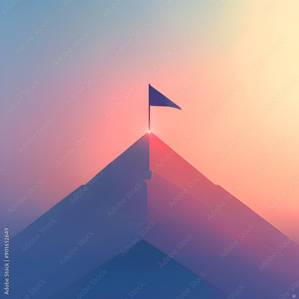 Poster minimalist digital art composition featuring a geometric mountain peak with a glowing flag on top se