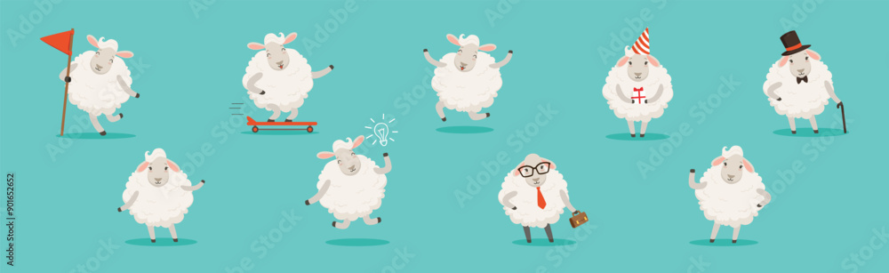 Aufkleber wooly white sheep character engaged in different activity vector set