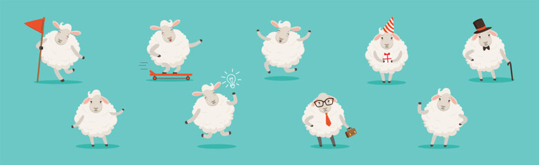 Wooly White Sheep Character Engaged in Different Activity Vector Set