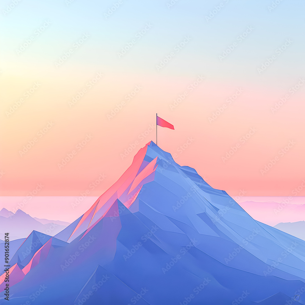 Poster minimalist digital art featuring a geometric mountain peak with a glowing flag on top set against a 