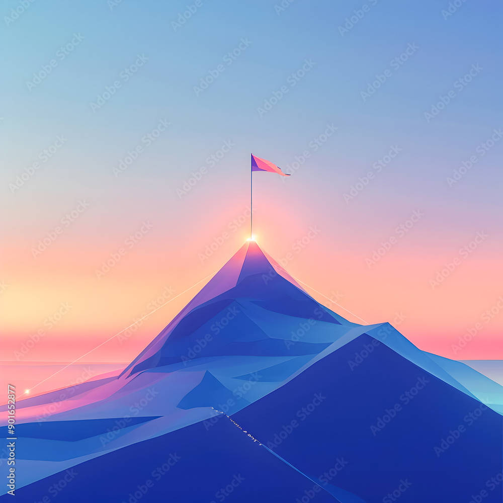 Poster minimalist digital art depicting a glowing flag atop a geometric angular mountain peak set against a