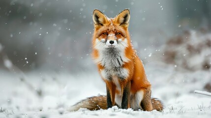 Obraz premium Red fox sitting in a snowy landscape with a watchful gaze