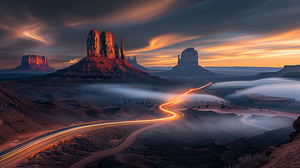Long Exposure Photo of Monument Valley Road Lit by Car Headlights, with Mountain Peaks and Fog in the Background, Under a Dramatic Orange and Blue Sky with Cinematic Clouds
