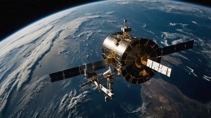 Obraz premium A spacecraft orbits Earth, showcasing its exterior with solar panels. White clouds and a blue ocean are visible below, highlighting the vastness of space.