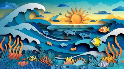 An ocean-themed paper cut design featuring waves, a variety of fish, coral reefs, and a paper sun setting on the horizon, emphasizing marine conservation.