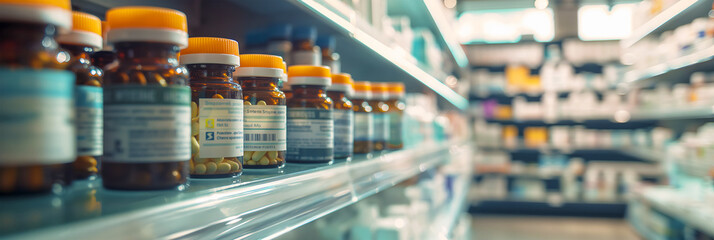 Side view of the large shelves in the pharmacy with transparent vials with a variety of pills and capsules. The concept of modern medicine and pharmacology