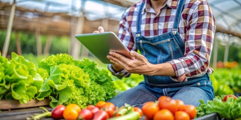 Close Up of a Young farmer using digital tablet inspecting fresh vegetable in organic farm. Agriculture technology and smart farming concept.