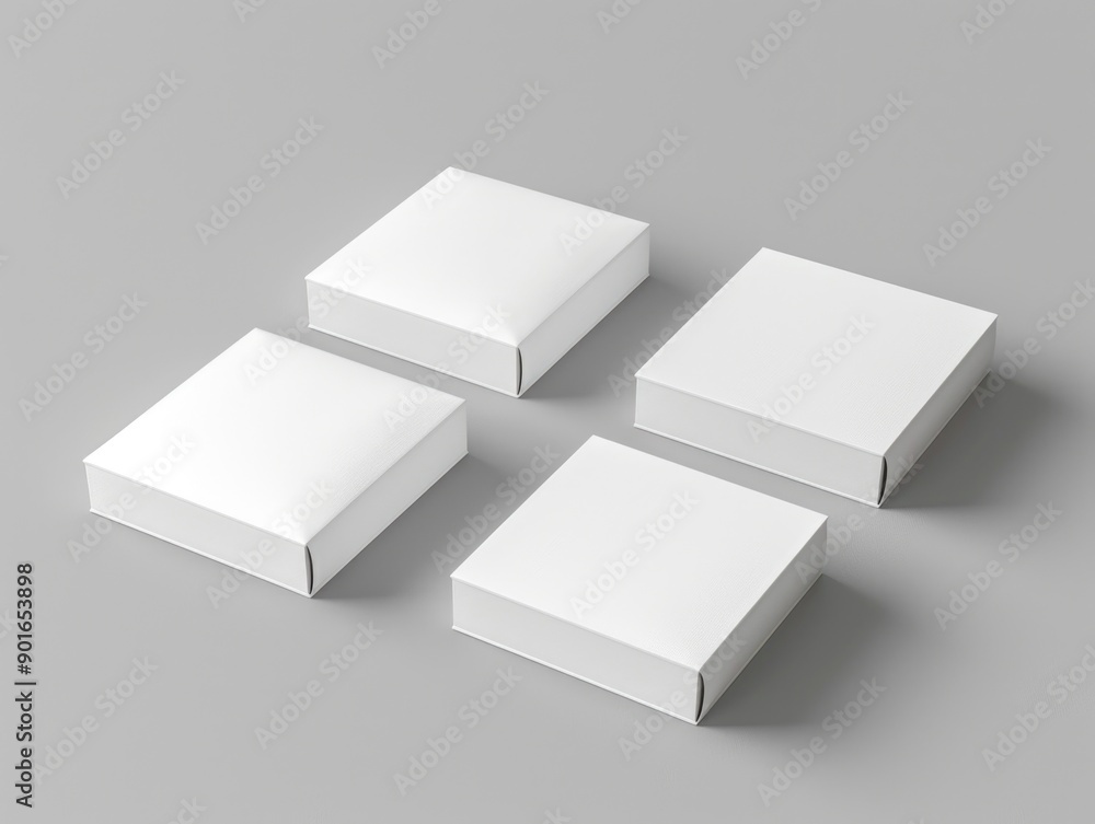 Aufkleber four white boxes are shown in a row. the boxes are identical in size and shape. the boxes are placed
