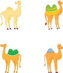 Funny camel icons set cartoon vector. Different type of camel with saddlery. Desert animal