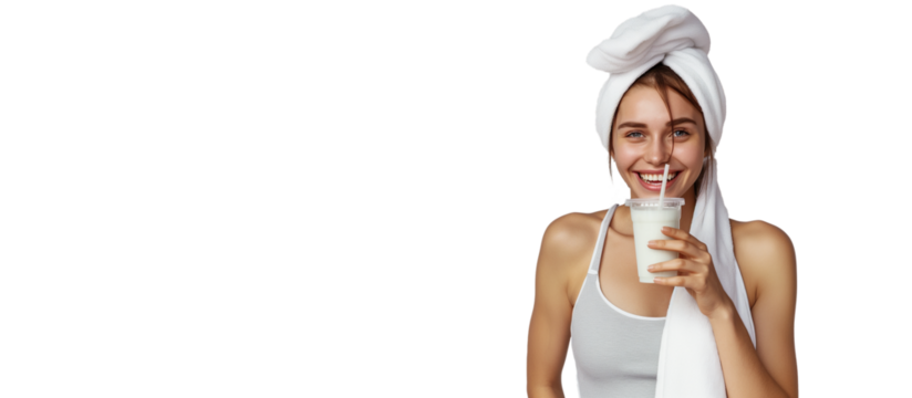 beautiful girl with towel on hair after shower skin care, drinking healthy drink for skin care and refreshment isolated on transparency background