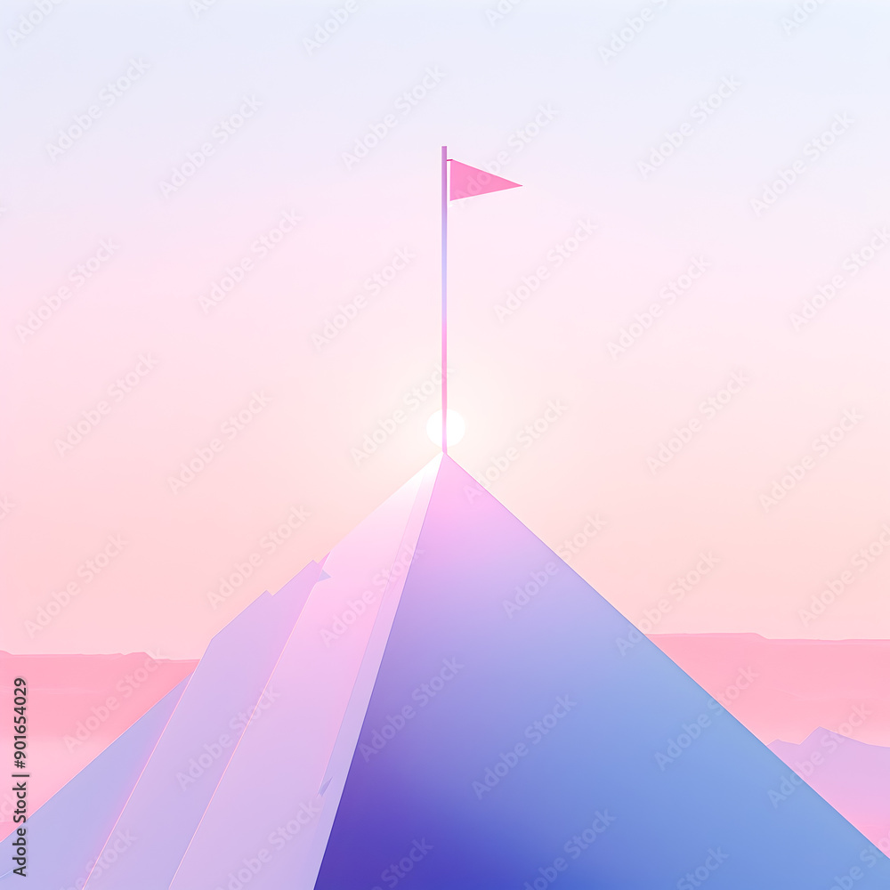 Poster minimalist digital art piece featuring a glowing flag atop a geometric mountain peak with a gradient