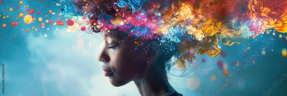 Poster A young individual appears deep in thought, with vivid colors and abstract shapes emanating from their head, symbolizing a whirlwind of creative ideas. Generative AI