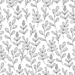 Doodle floral seamless pattern. Vector hand drawn illustration, isolated black outline. Great for textile wallpaper, covers