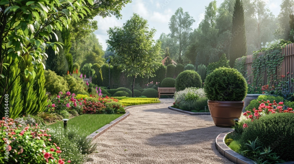 Poster a garden path with a bench and a large potted plant. the path is surrounded by bushes and trees, and