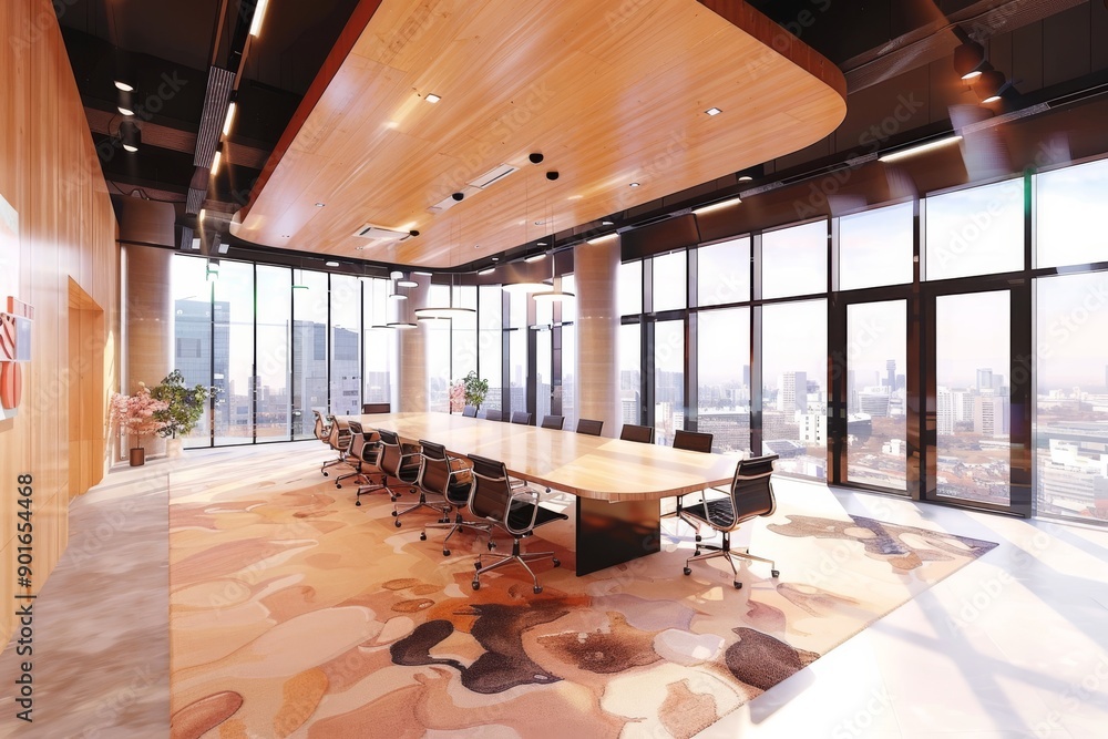 Poster spacious office with floor to ceiling windows and modern furniture creating an open and inspiring wo