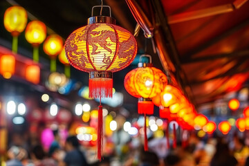 Colorful paper lanterns illuminate a busy market at night, creating a vibrant atmosphere and showcasing cultural traditions