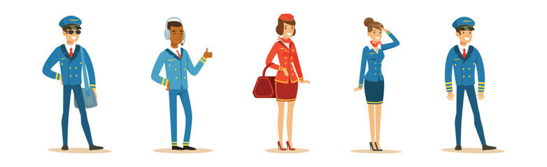 Man and Woman Aircraft Crew Staff and Team Member Character Vector Set