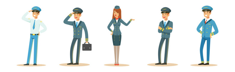 Man and Woman Aircraft Crew Staff and Team Member Character Vector Set