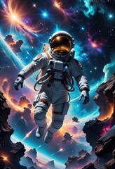Craft a digital art scene where an astronaut is diving headfirst into an ethereal, starry abyss.