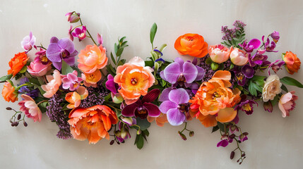Fototapeta premium A stunning floral arrangement with bright orange peonies and purple orchids on beige color background. 