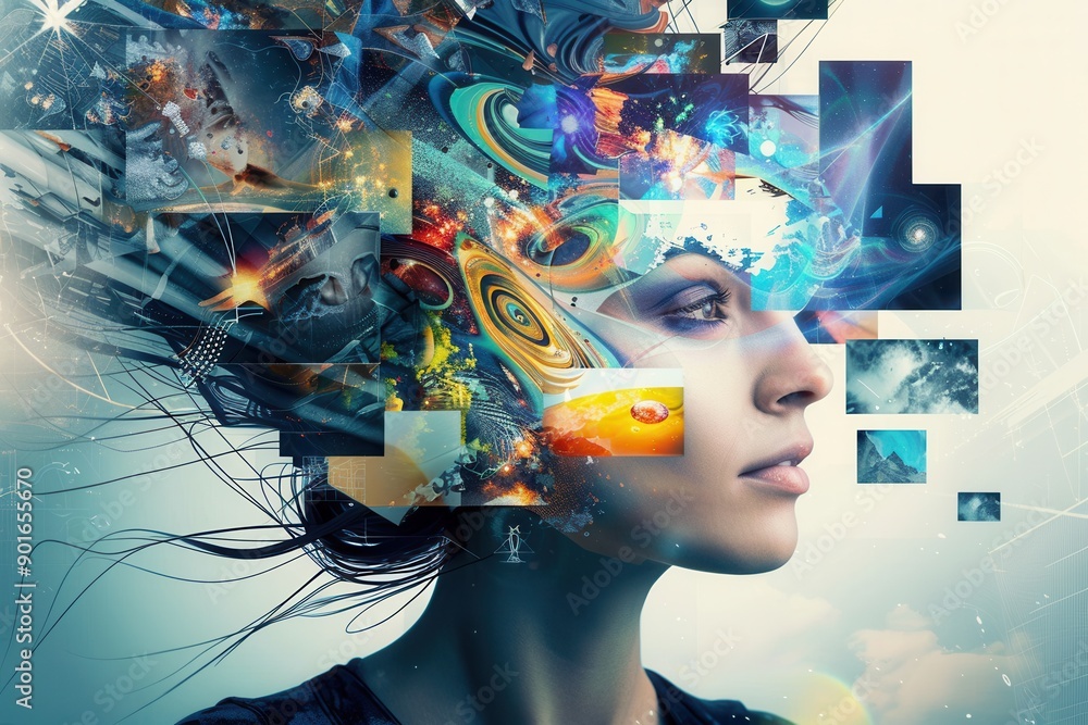 Poster a person embodies the essence of creativity, with vibrant, abstract visuals swirling around their he